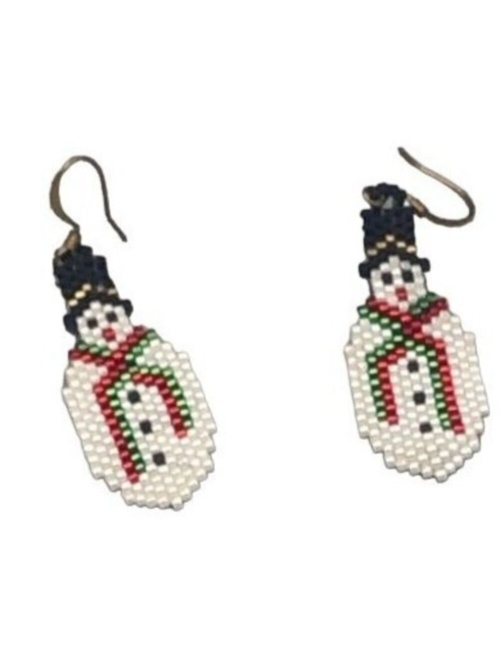 Handmade beaded snowman white black pierced earrings 2" long hat Christmas READ